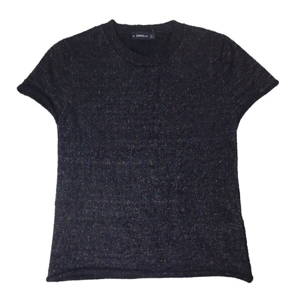 Zara Knit Metallic Thread Women's Sweater Size S Black Short Sleeve Rolled Hems - Picture 8 of 8